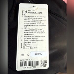 Lululemon In Movement Tight 25” NWT Size 12 Black